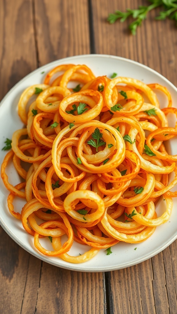 A plate of crispy onion lace, golden and crunchy, garnished with herbs on a rustic wooden table.